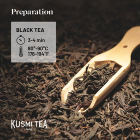 Kusmi Tea Earl Grey Intense bergamot oil enhances fragrance for a refined tea experience.
