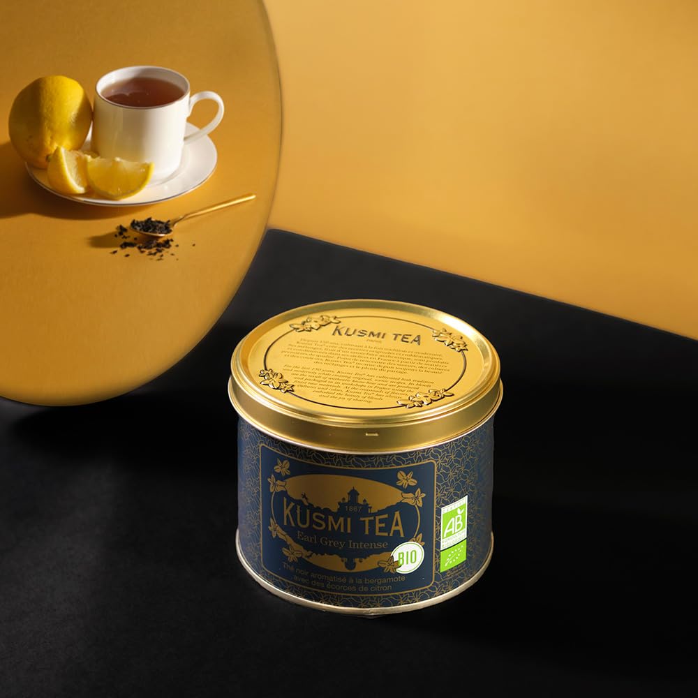 Kusmi Tea Earl Grey Intense brand label signals French craft and quality.