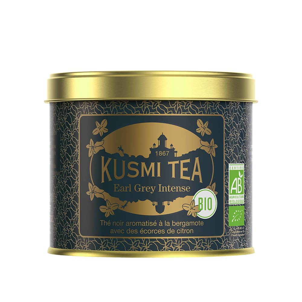Kusmi Tea Earl Grey Intense tin front preserves freshness and aroma.