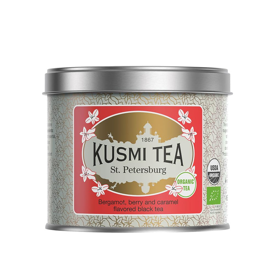 Kusmi Tea St. Petersburg tin box showcasing premium organic blend
