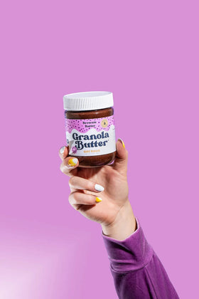 KWEEN Oat Haus Brownie Batter Granola Butter jar closeup showing texture