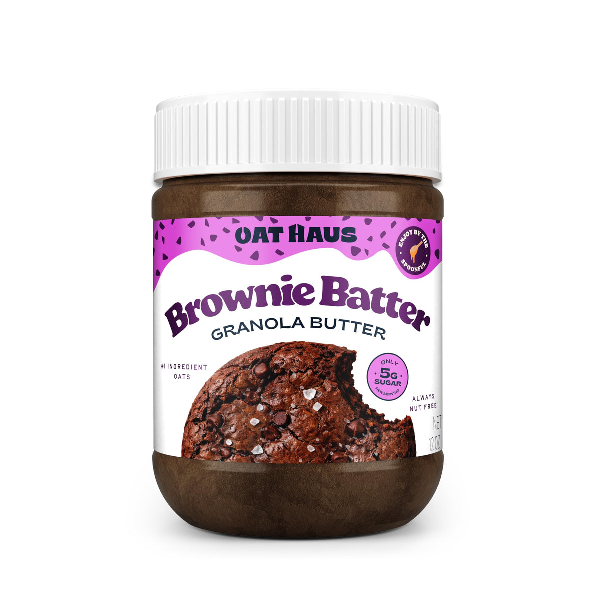 KWEEN Oat Haus Brownie Batter Granola Butter jar on counter, allergen-free indulgence ready to spread