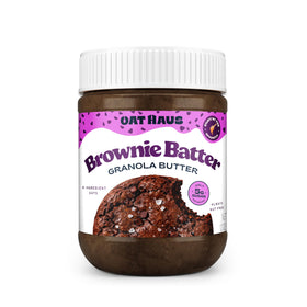 KWEEN Oat Haus Brownie Batter Granola Butter jar on counter, allergen-free indulgence ready to spread