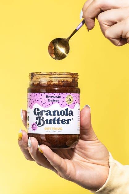 KWEEN Oat Haus Brownie Batter Granola Butter on toast with a rich spread