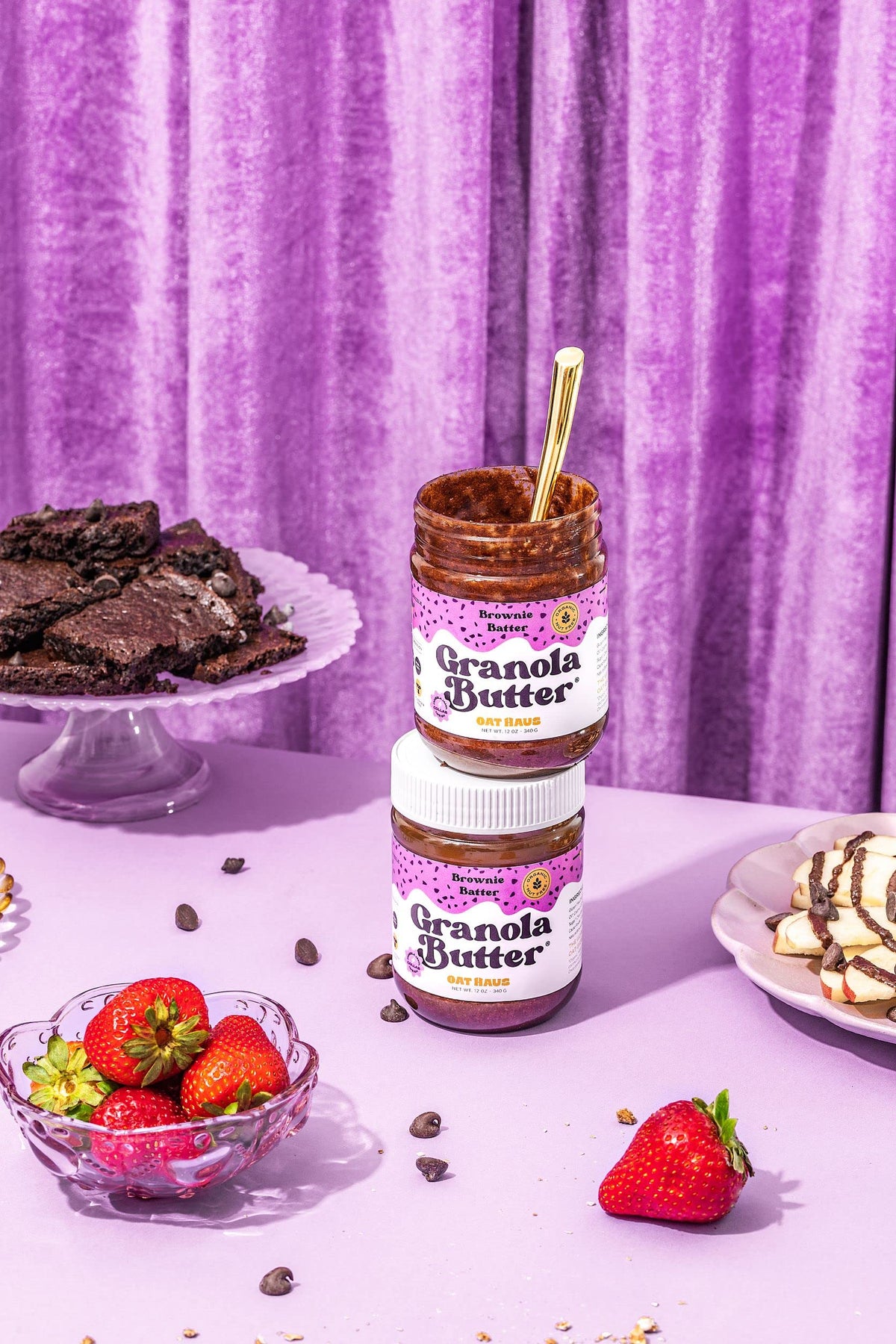KWEEN Oat Haus Brownie Batter Granola Butter on pancakes for brownie-batter flair