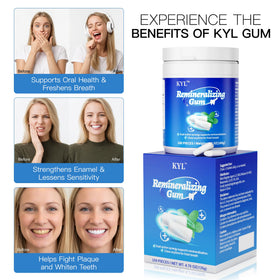 KYL remineralizing gum with xylitol demonstrates chewy mint texture.