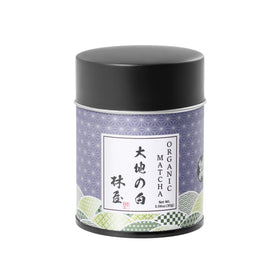 KYOHAYASHIYA Daichi ceremonial matcha tin closeup, ideal for traditional whisking rituals.