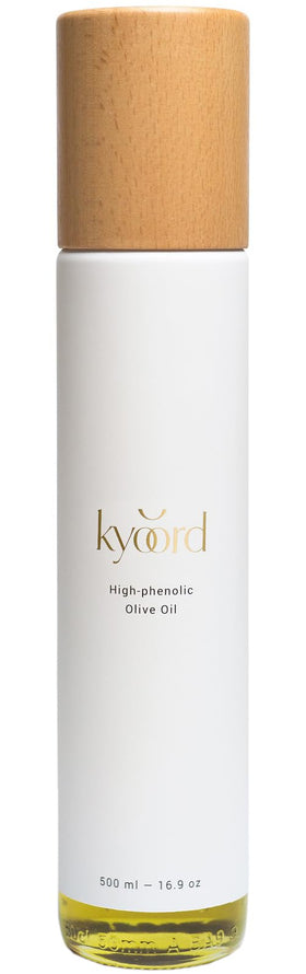 Kyoord high-phenolic olive oil bottle pour highlights the peppery finish ideal for finishing dishes.