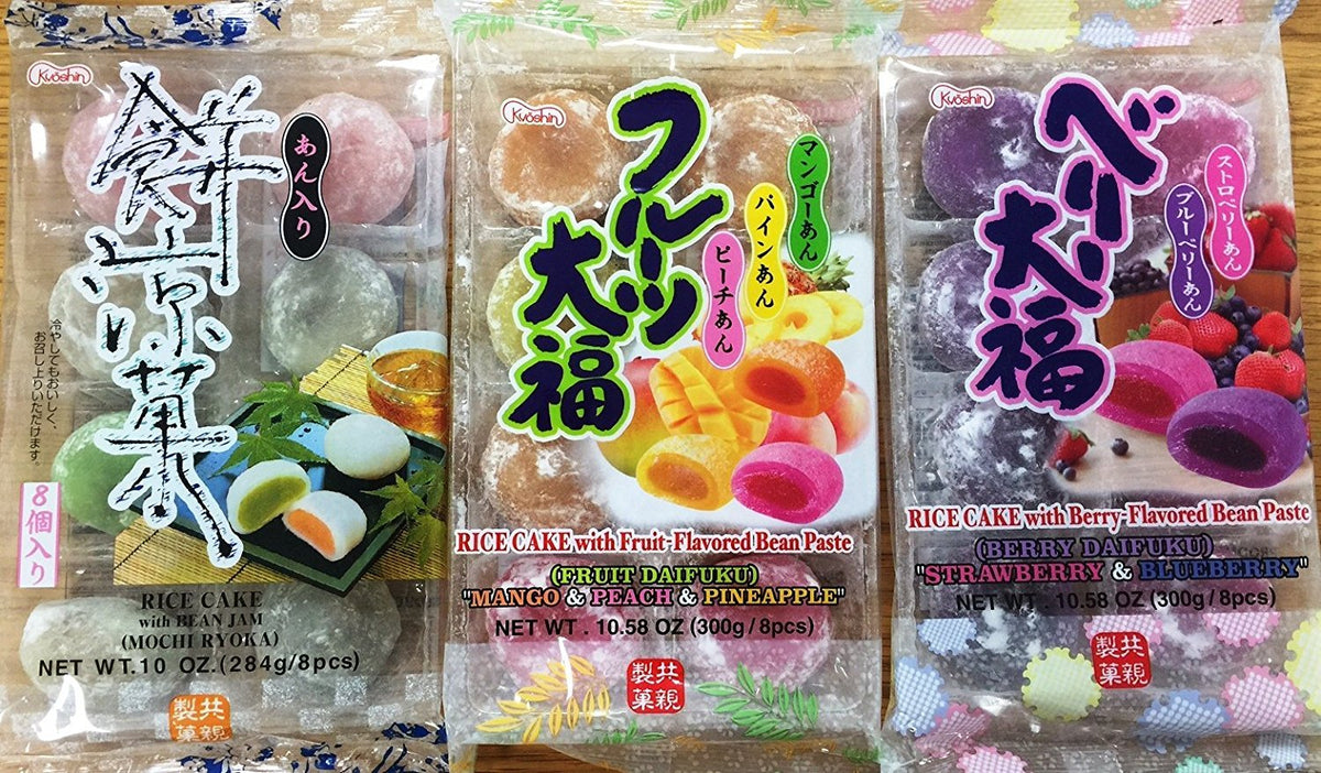 Kyoshin fruit-flavor mochi with strawberry and blueberry, perfect for on-the-go snacking.