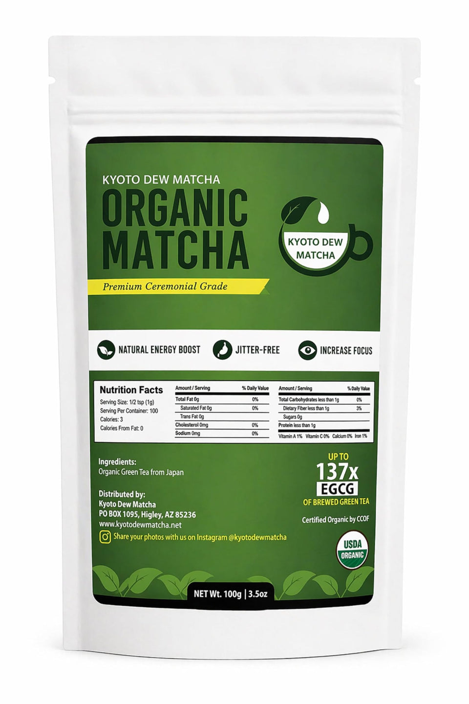 Kyoto Dew Matcha ceremonial bag 3.5oz ready for fresh whisking rituals.