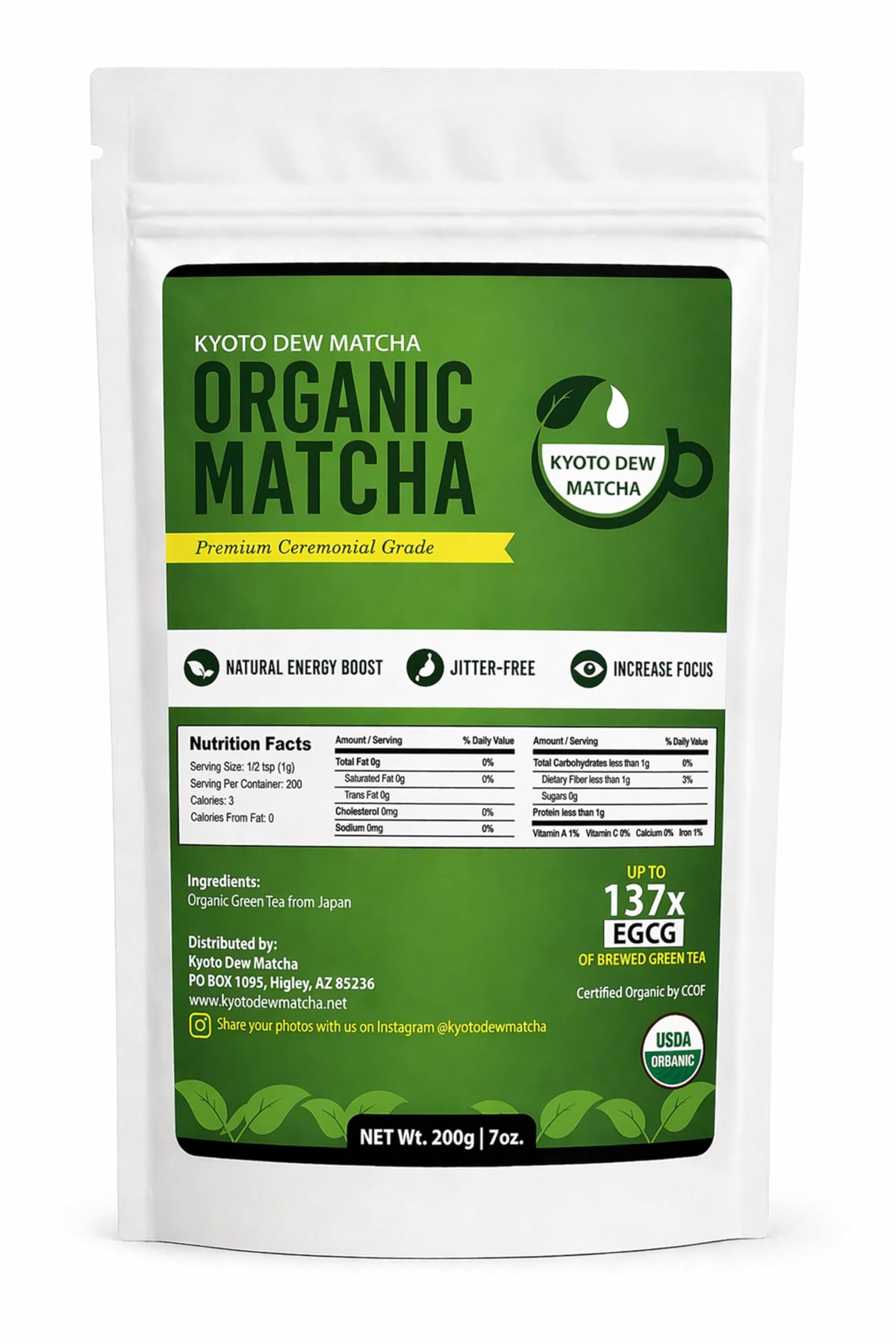 Kyoto Dew Matcha ceremonial blend pack shot showing premium packaging for fresh ceremonial quality.