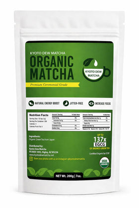 Kyoto Dew Matcha ceremonial blend pack shot showing premium packaging for fresh ceremonial quality.