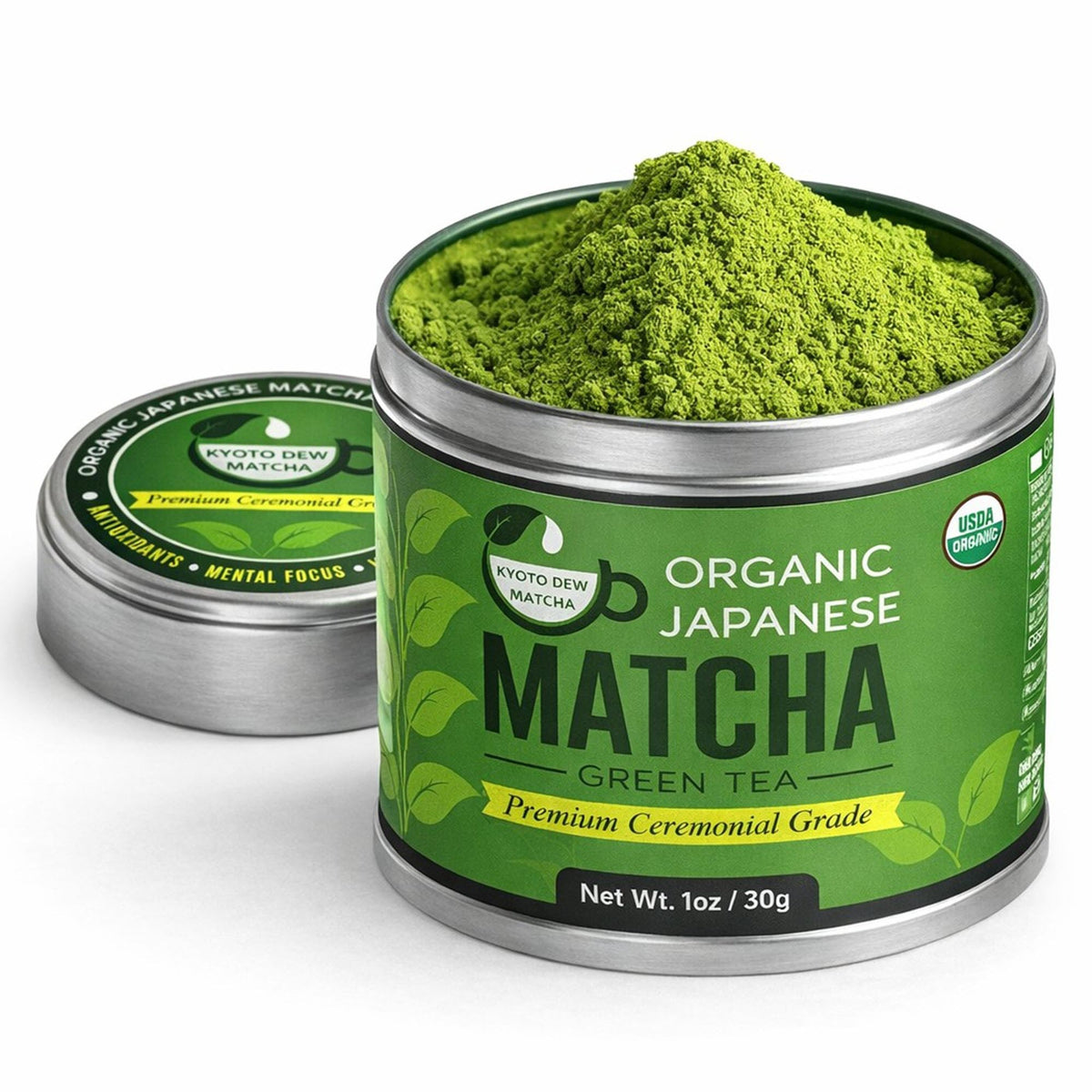 Kyoto Dew Matcha ceremonial tin front view highlighting premium powder for daily rituals.