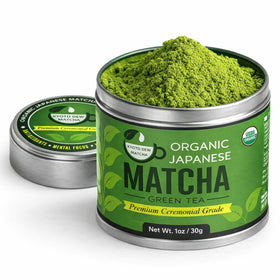 Kyoto Dew Matcha ceremonial tin front view highlighting premium powder for daily rituals.