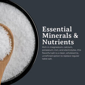 L'Essence De Cuisine grey sea salt coarse grains close-up, mineral-rich flavor