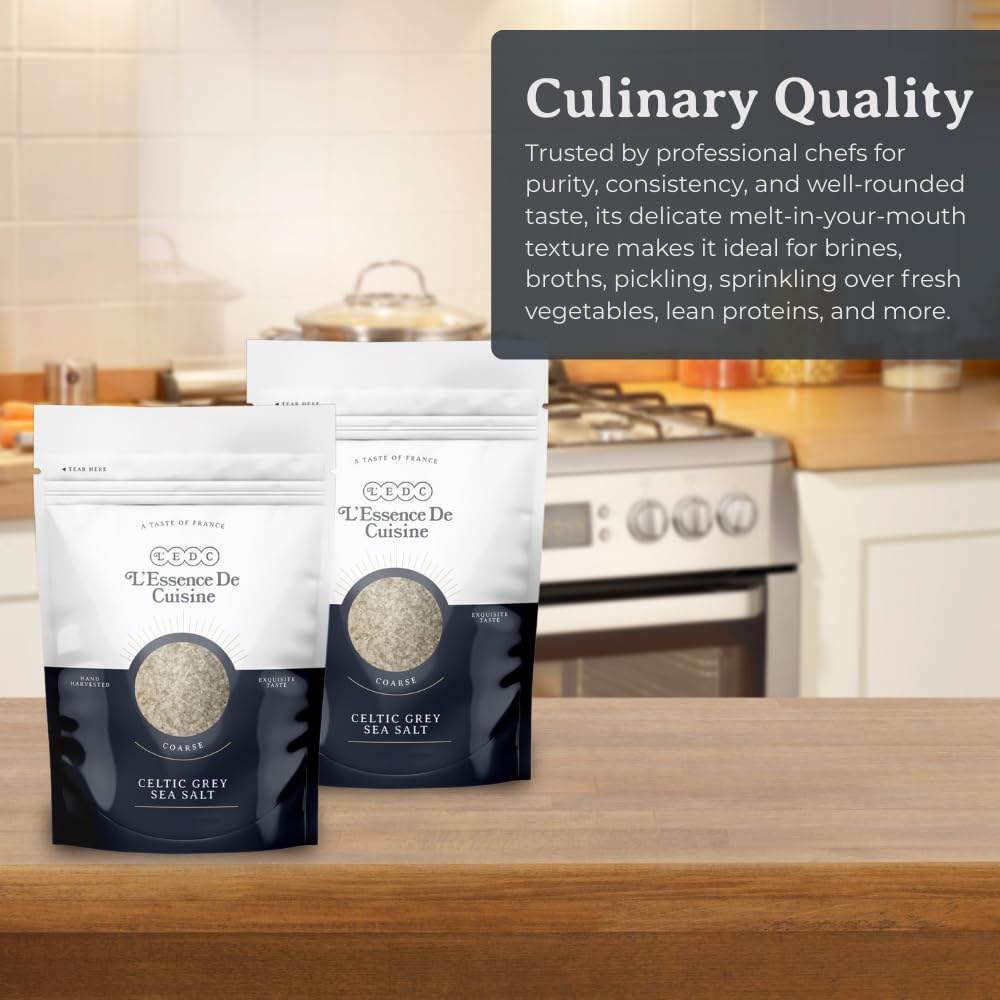 L'Essence De Cuisine grey sea salt pour-ready grains over a dish
