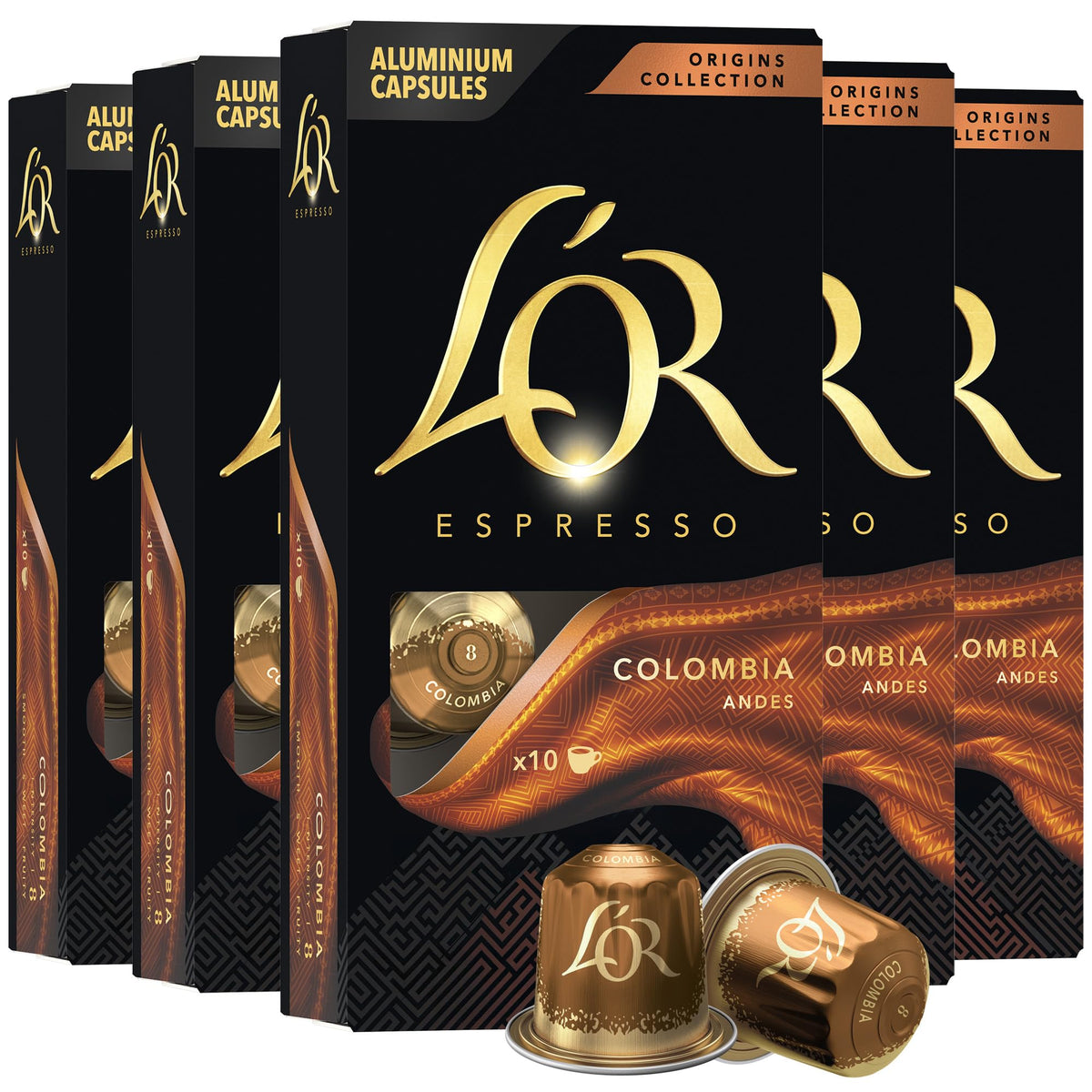 L'OR espresso capsules Colombia 50-count in aluminum pack for rich crema.