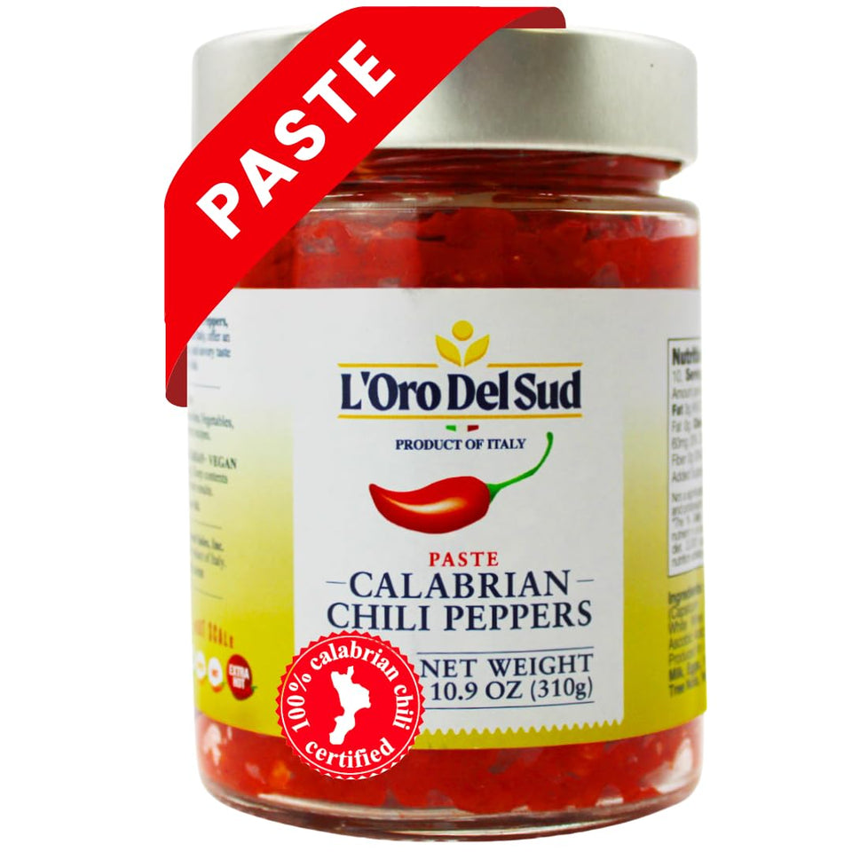 L'Oro Del Sud Calabrian chili paste in a jar ready to elevate pasta with mild heat.