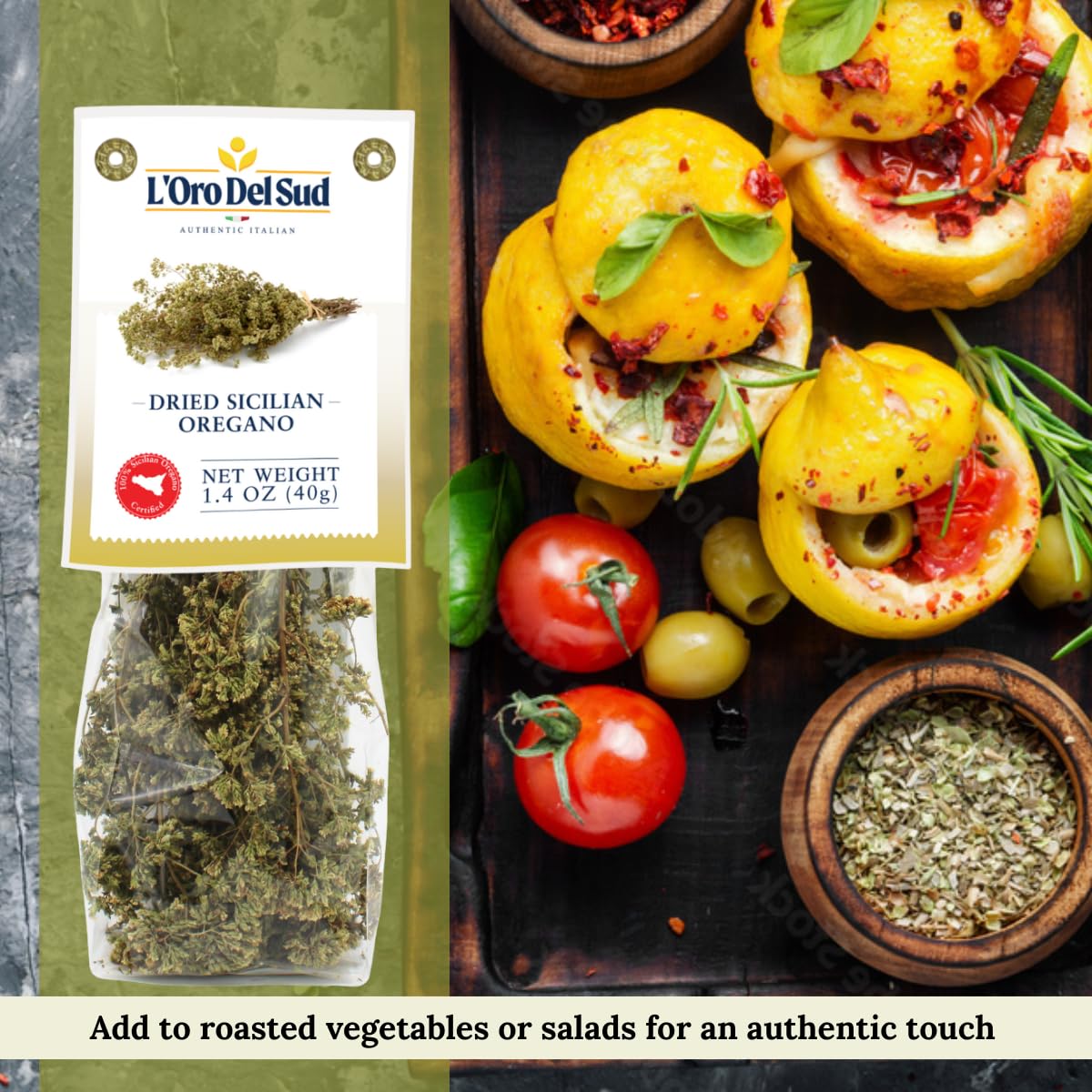 L'Oro Del Sud oregano ideal for roasting vegetables and sauces