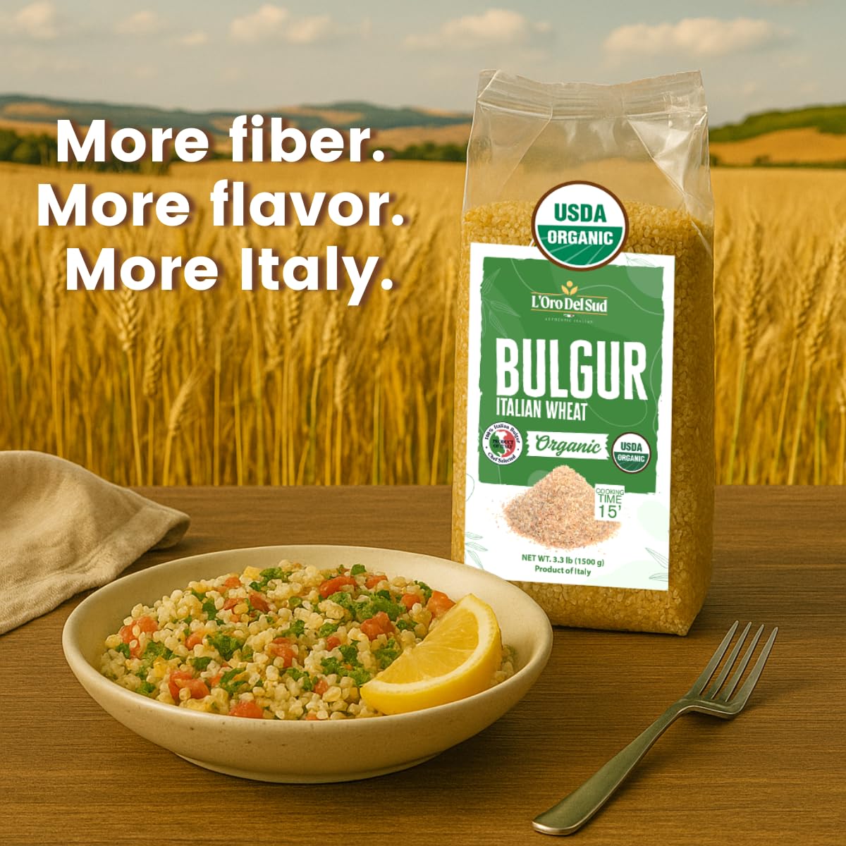 Cooking idea shot: bulgur simmering for pilaf or soup with L'Oro Del Sud.