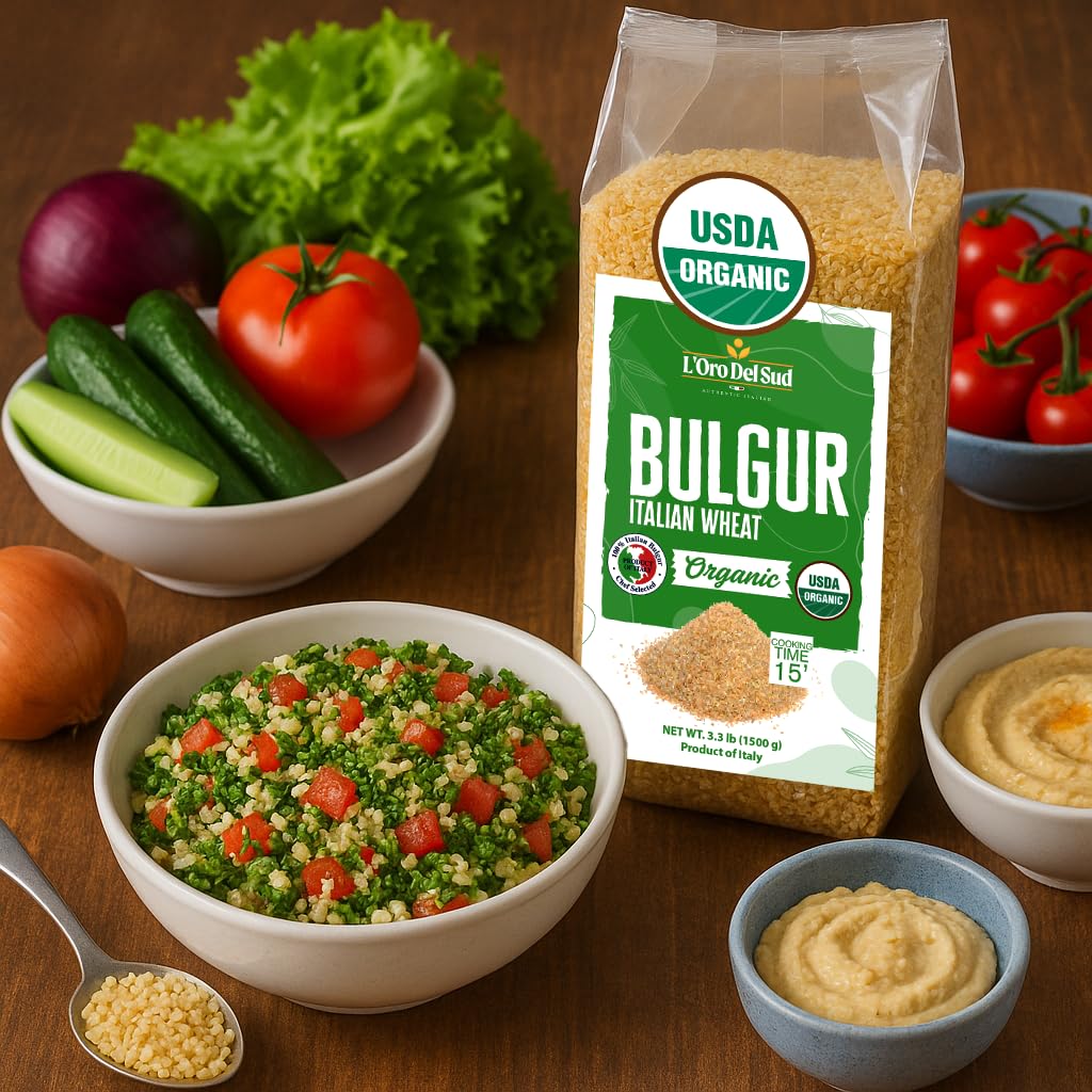 Uncooked grains close-up; premium Italian bulgur ready to hydrate by L'Oro Del Sud.