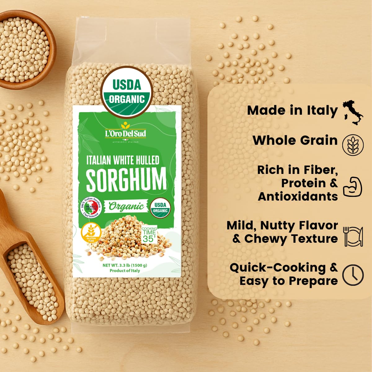 L'Oro Del Sud sorghum in soups and salads, adds texture and fiber