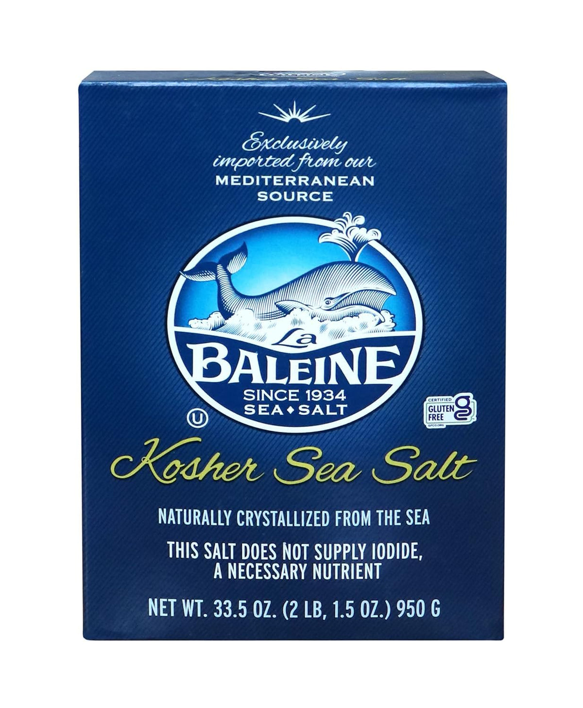 La Baleine Kosher Sea Salt jar displaying premium all-natural sea crystals for everyday cooking.