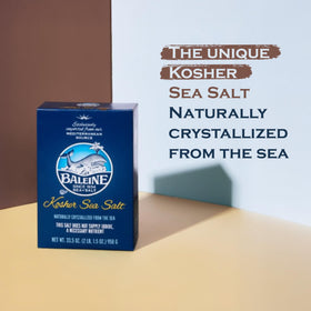 Kitchen scene featuring La Baleine Kosher Sea Salt in everyday use.