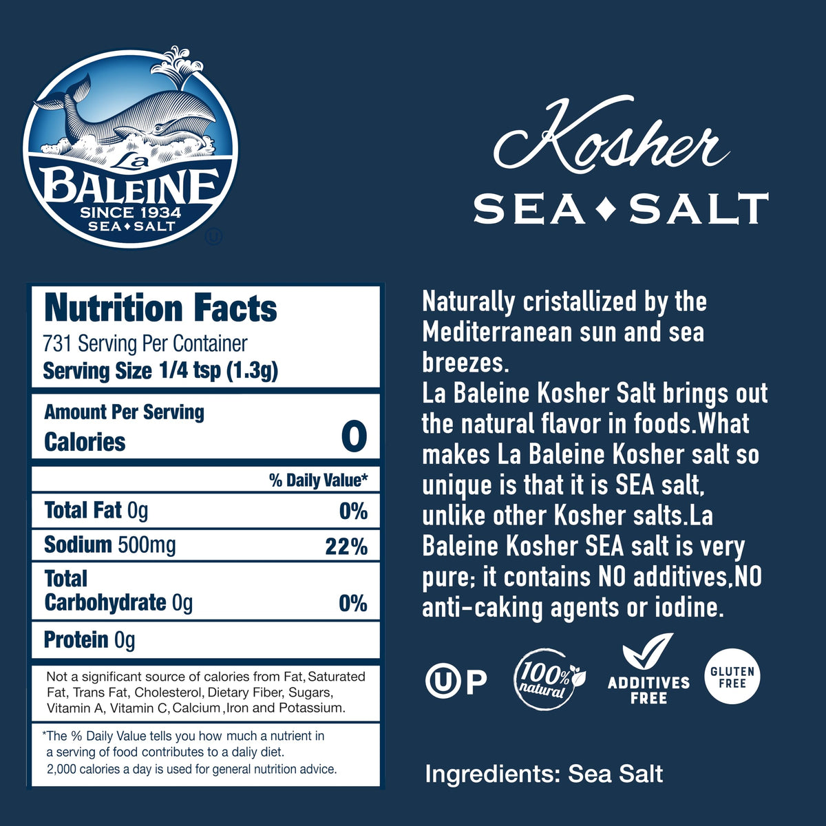 Front view of La Baleine Kosher Sea Salt package highlighting natural sourcing.