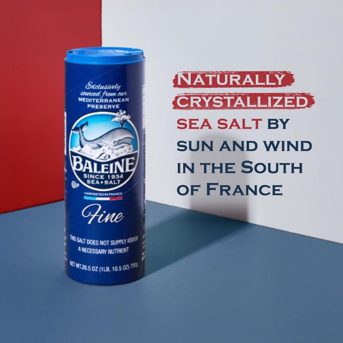 La Baleine sea salt canister stacked-pack highlights space-saving pantry storage.