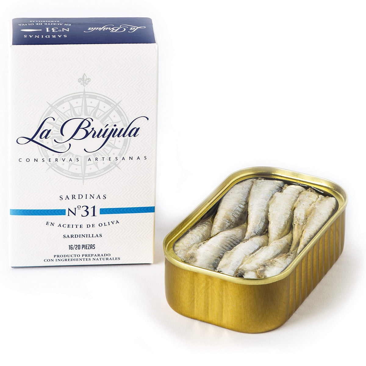 La Brújula sardines in olive oil tin, convenient and flavorful for quick snacking.