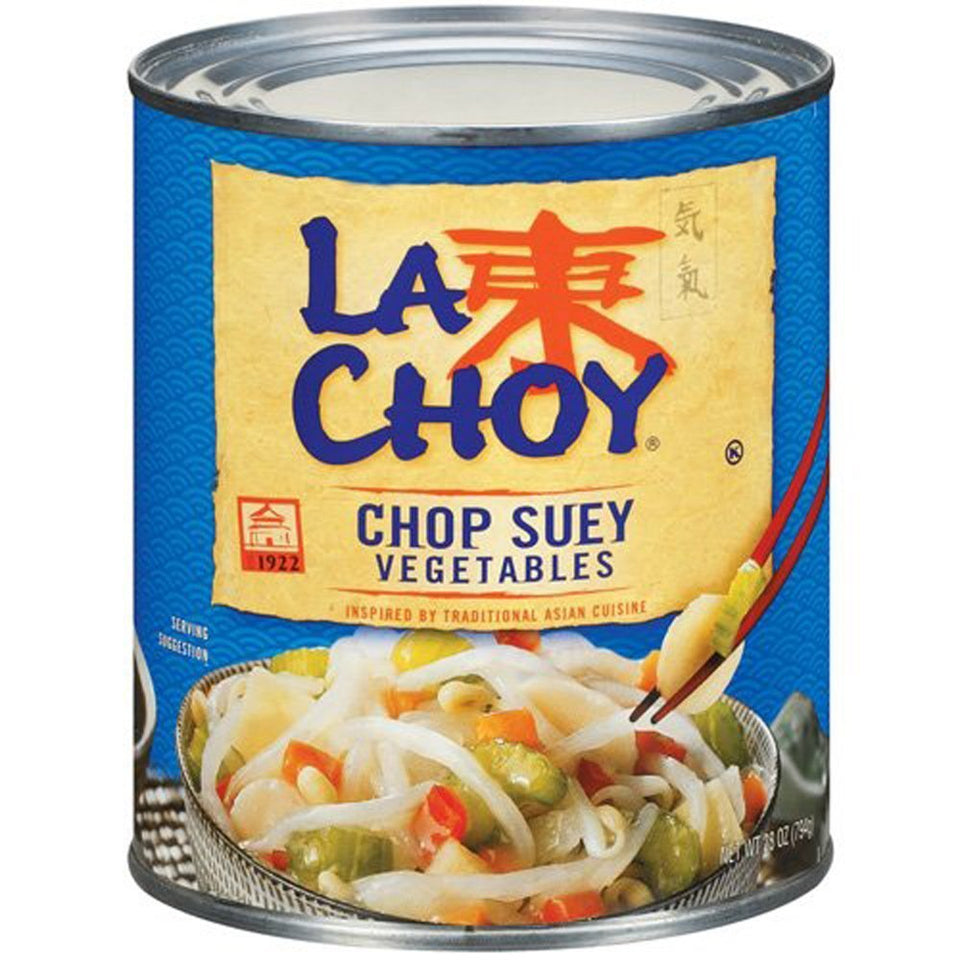 La Choy Chop Suey Vegetables eight-pack cans on shelf, ready base for quick stir-fries.