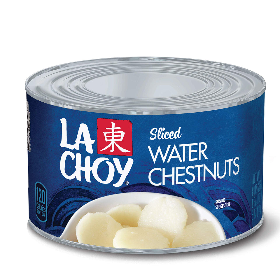La Choy Sliced Water Chestnuts can, ready to add crunch to salads and stir-fries.