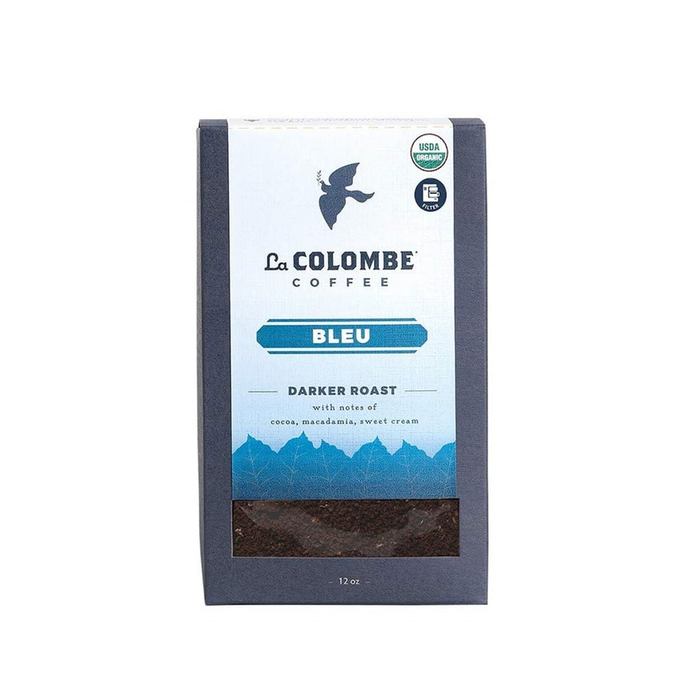 La Colombe Bleu organic dark roast coffee bag front highlighting seasonal beans.