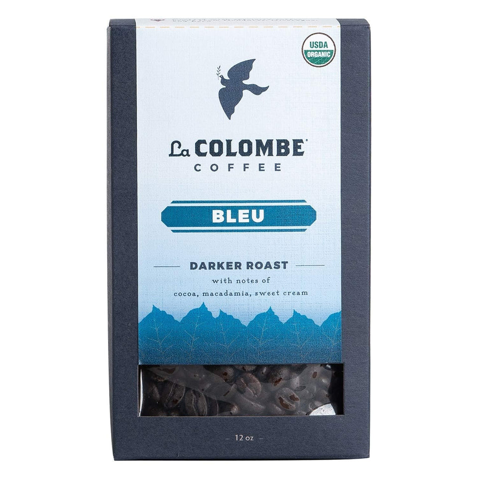 La Colombe Bleu organic dark roast coffee beans with rich cocoa and cream notes ideal for fresh grind