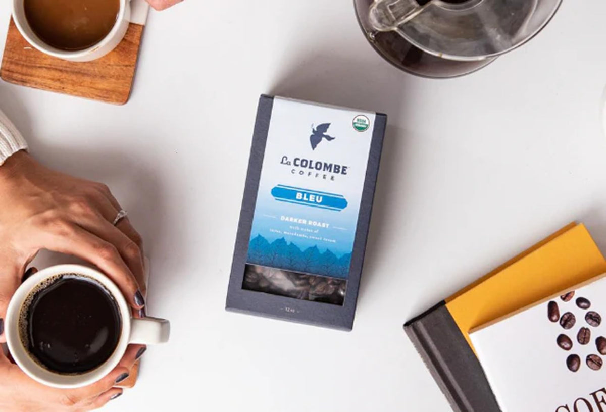 La Colombe Bleu tasting-notes image highlights cocoa, macadamia, and sweet cream for elevated brew