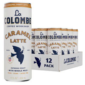 La Colombe Caramel Draft Latte can-foam closeup showcases creamy texture for a café-style experience.