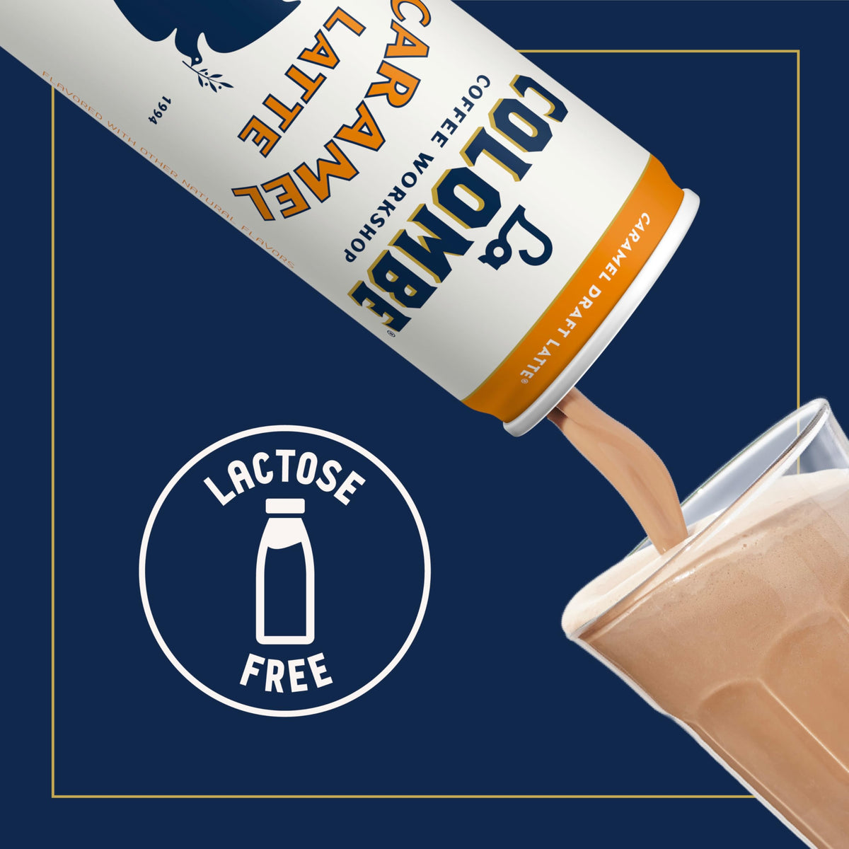 La Colombe Caramel Draft Latte glass-foam-tilt emphasizes frothy, coffeehouse quality texture.
