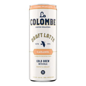 La Colombe Caramel Draft Latte on-the-go-setup communicates portable coffeehouse satisfaction.