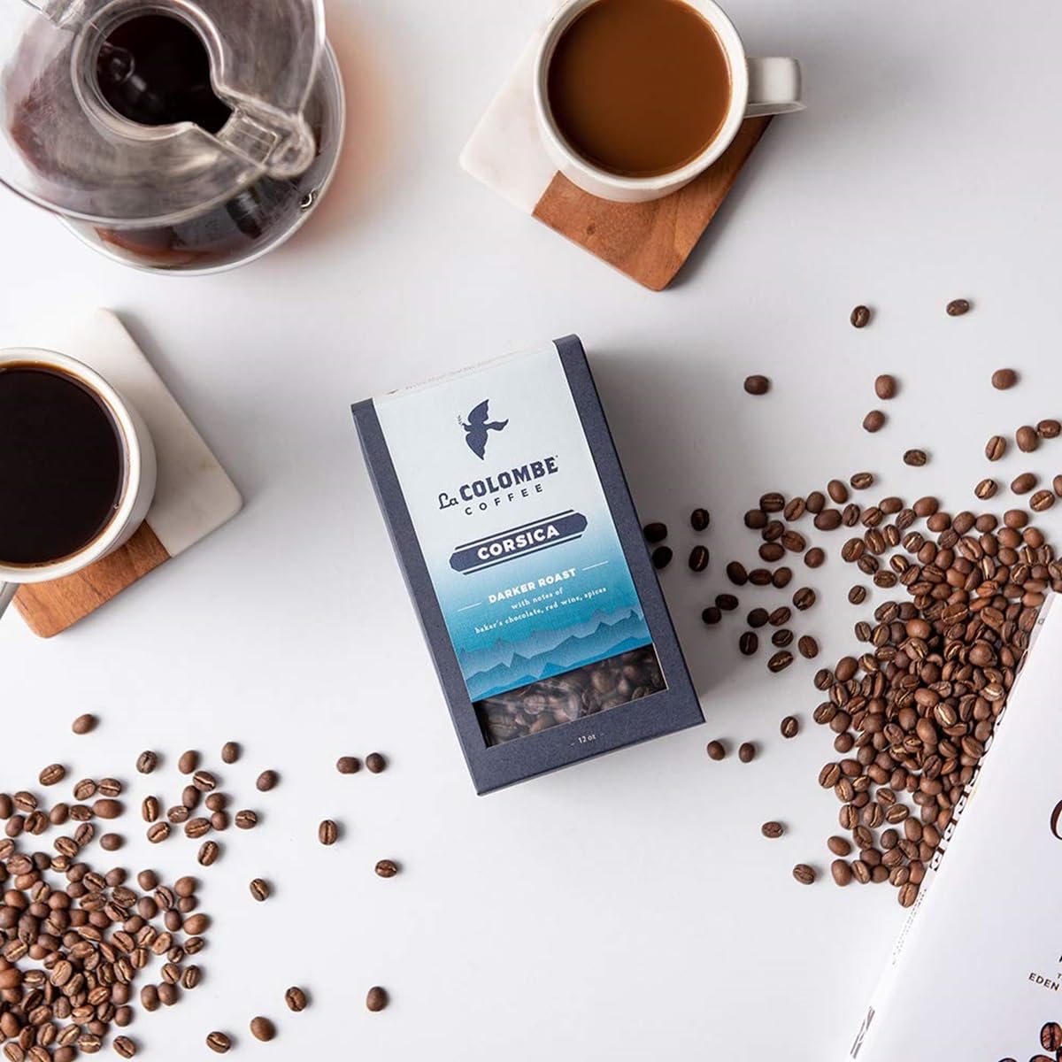 La Colombe Corsica Dark Roast bag back highlighting flavor notes and sustainable sourcing.