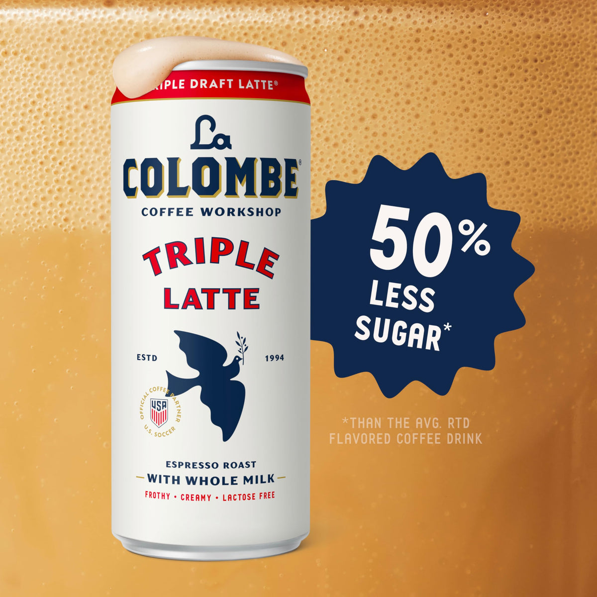 La Colombe Draft Latte frothy texture emphasizes smooth, daily coffee satisfaction.