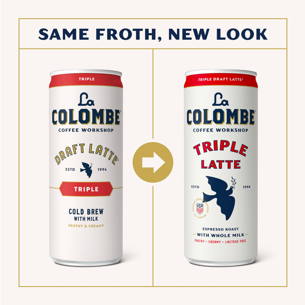 La Colombe Draft Latte Vanilla can highlights creamy texture and real cold brew.