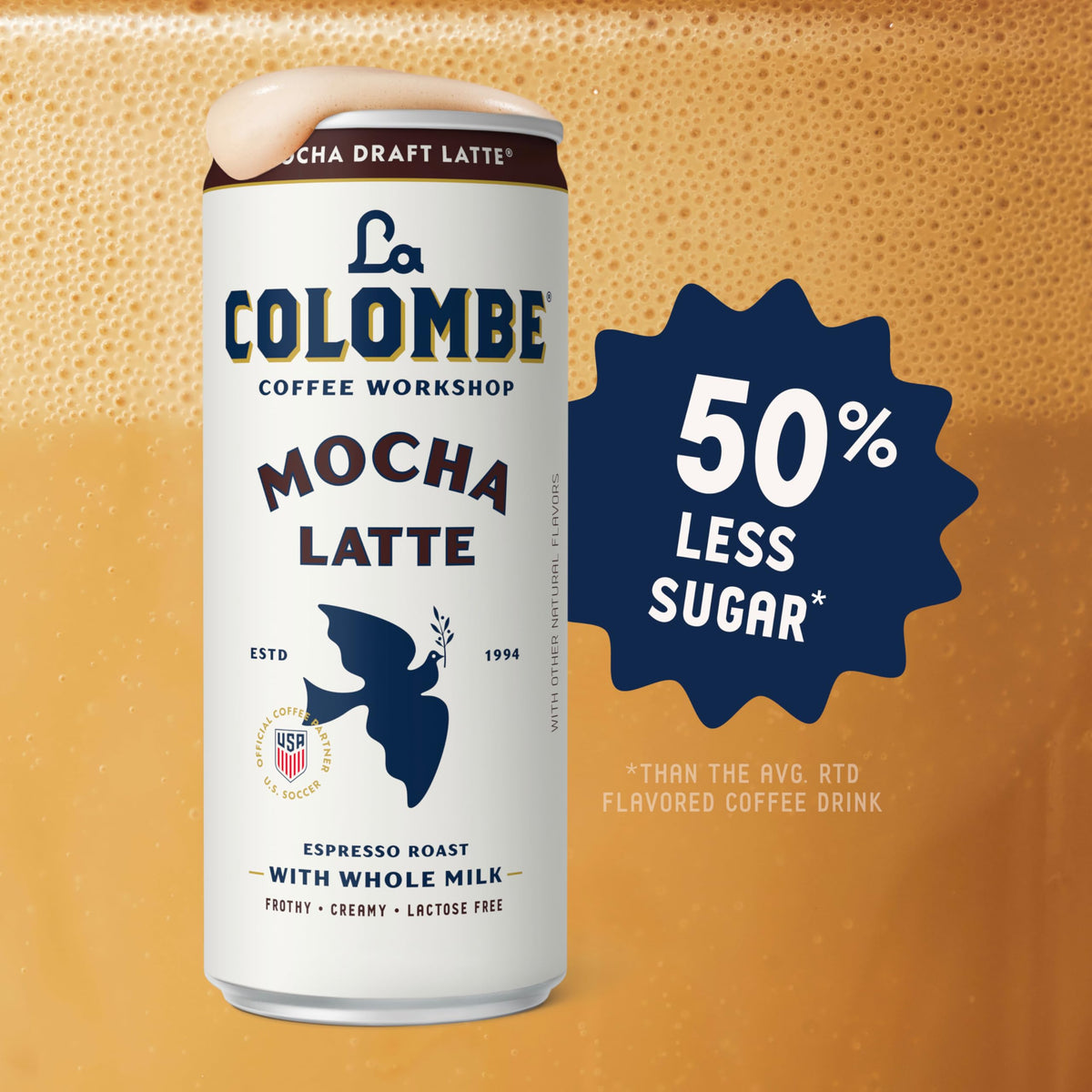 La Colombe Mocha Draft Latte poured over ice, vanilla aroma enhanced