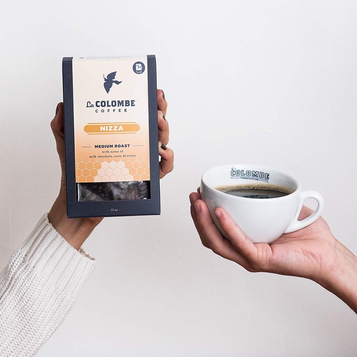La Colombe Nizza milk chocolate note and nutty profile shine in a smooth cup.