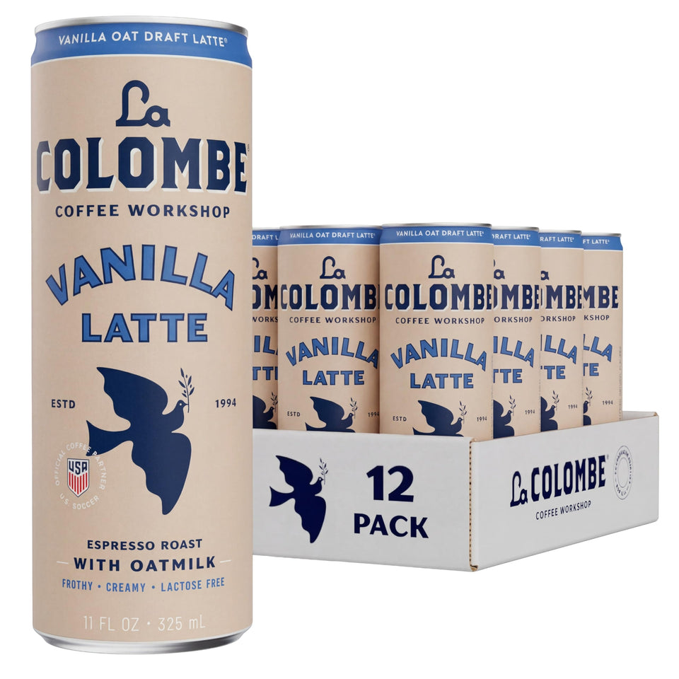 La Colombe oatmilk vanilla latte can 11oz with creamy texture for on-the-go enjoyment.