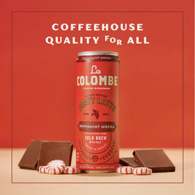 La Colombe Peppermint Mocha Draft Latte being poured into glass.