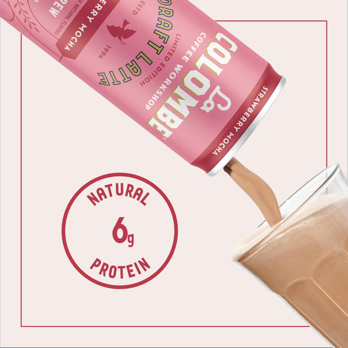 La Colombe Strawberry Mocha Draft Latte 4-pack box highlights convenient grab-and-go freshness.