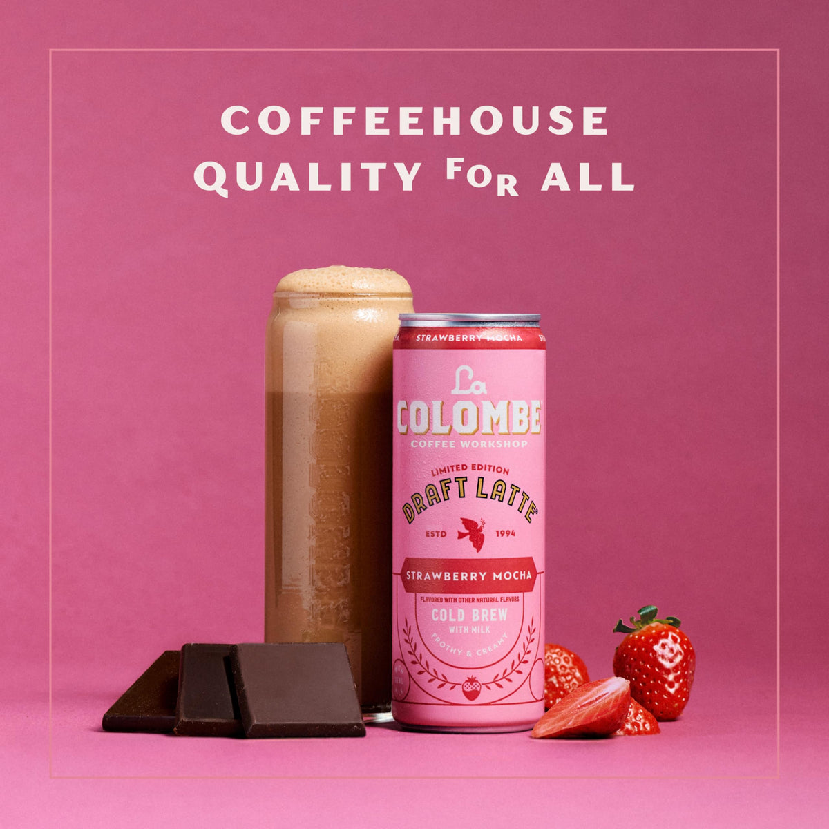 La Colombe Strawberry Mocha Draft Latte can close-up, premium cocoa and fruit flavor cues