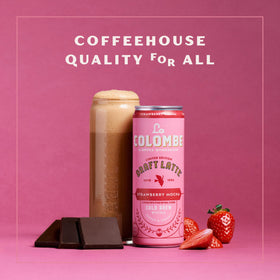 La Colombe Strawberry Mocha Draft Latte can close-up, premium cocoa and fruit flavor cues