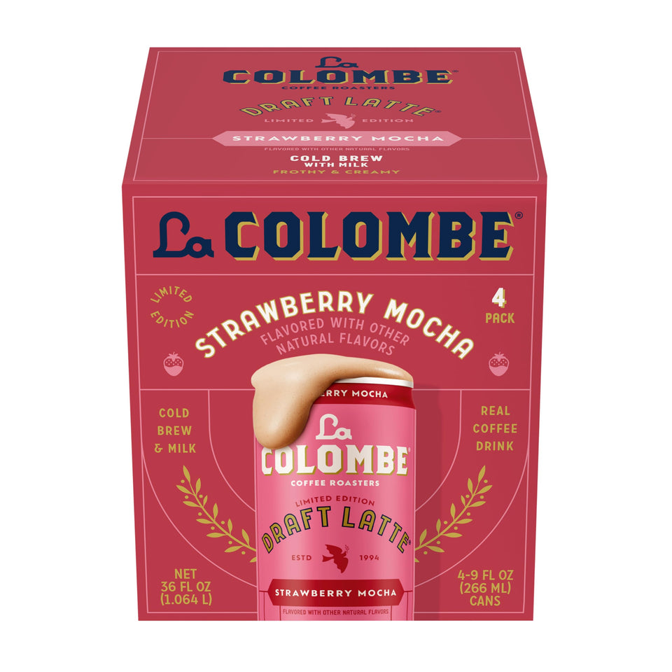 La Colombe Strawberry Mocha Draft Latte can front view for a refreshing, on-the-go treat.